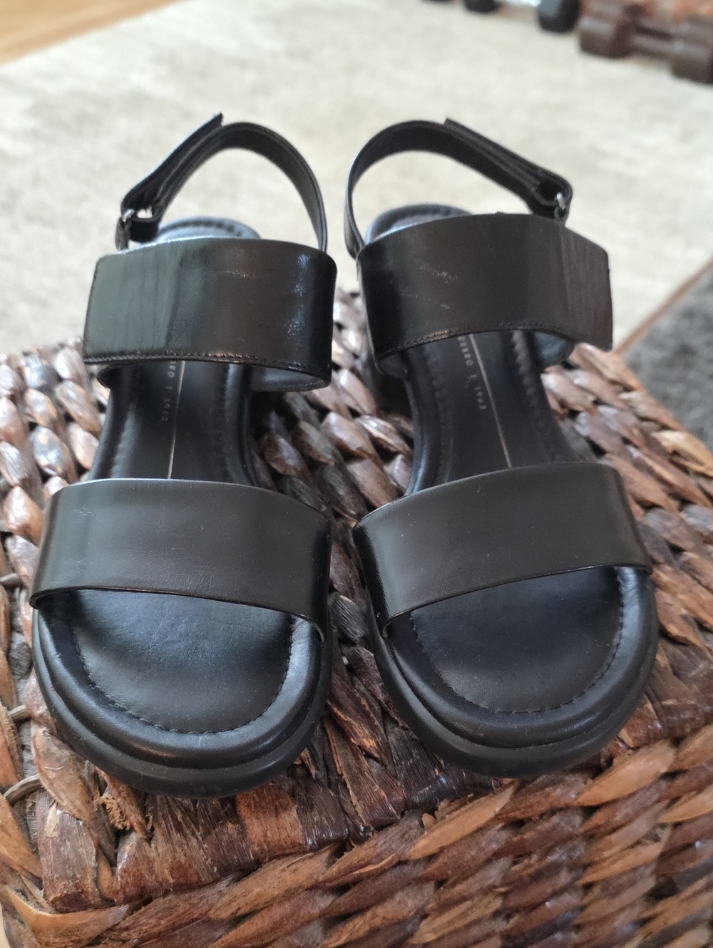 Women's Ecco Black Leather Two-Strap Velcro Open-Toe Sandals with Heel Strap